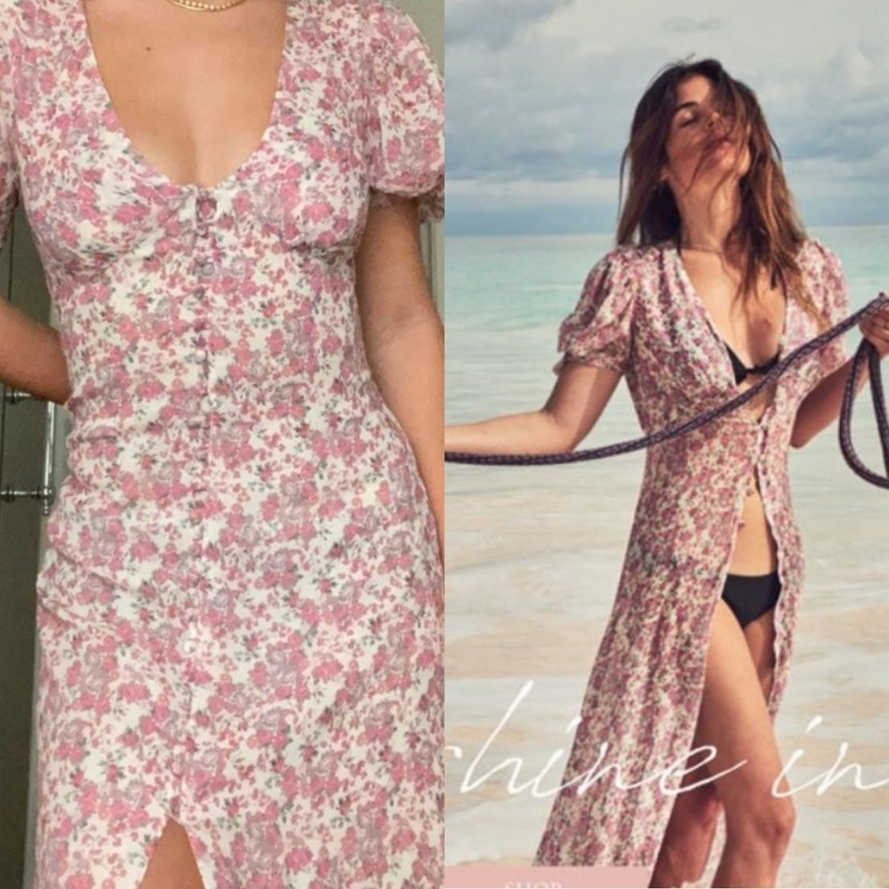 LOVESHACKFANCY Delaney Floral Silk Midi Dress Pink Sz XS